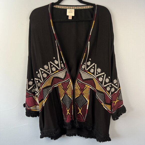 Knox Rose Embroidered Fringe Kimono Jacket Size L Boho Hippie Festival - Picture 2 of 8